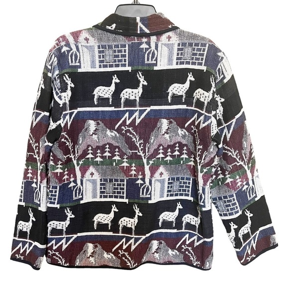 Jane Ashley Woven Tapestry Winter Deer Print Button Front Jacket Blue Multi Sz L - Picture 2 of 9